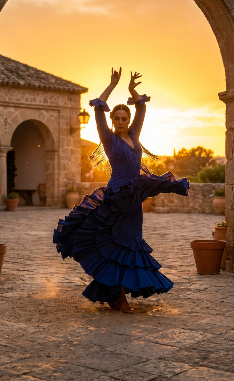 Flamenco-Tänzerin im blauen Kleid vor Sonnenuntergang